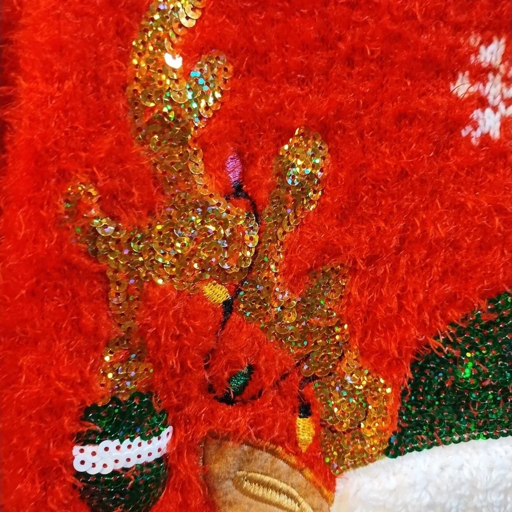 Holiday Time Red Fluffy Reindeer Ugly‎ Christmas Sweater Girl's XL 14-16 Sequins